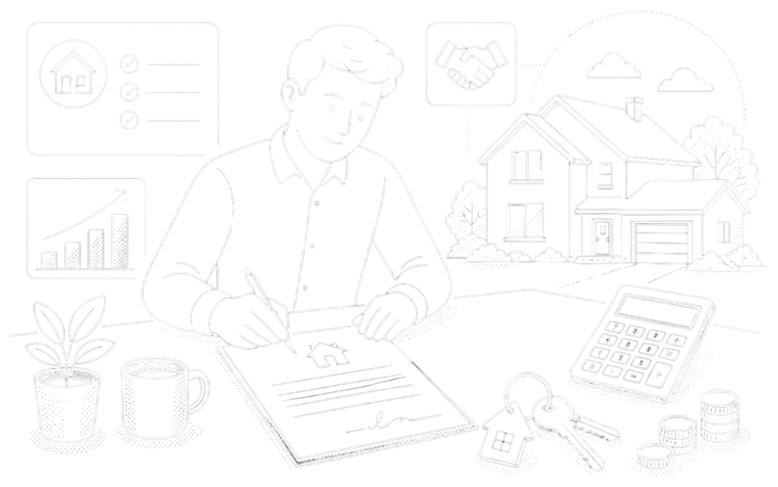 Ilustración de la firma de un contrato hipotecario junto a una casa, llaves y una calculadora